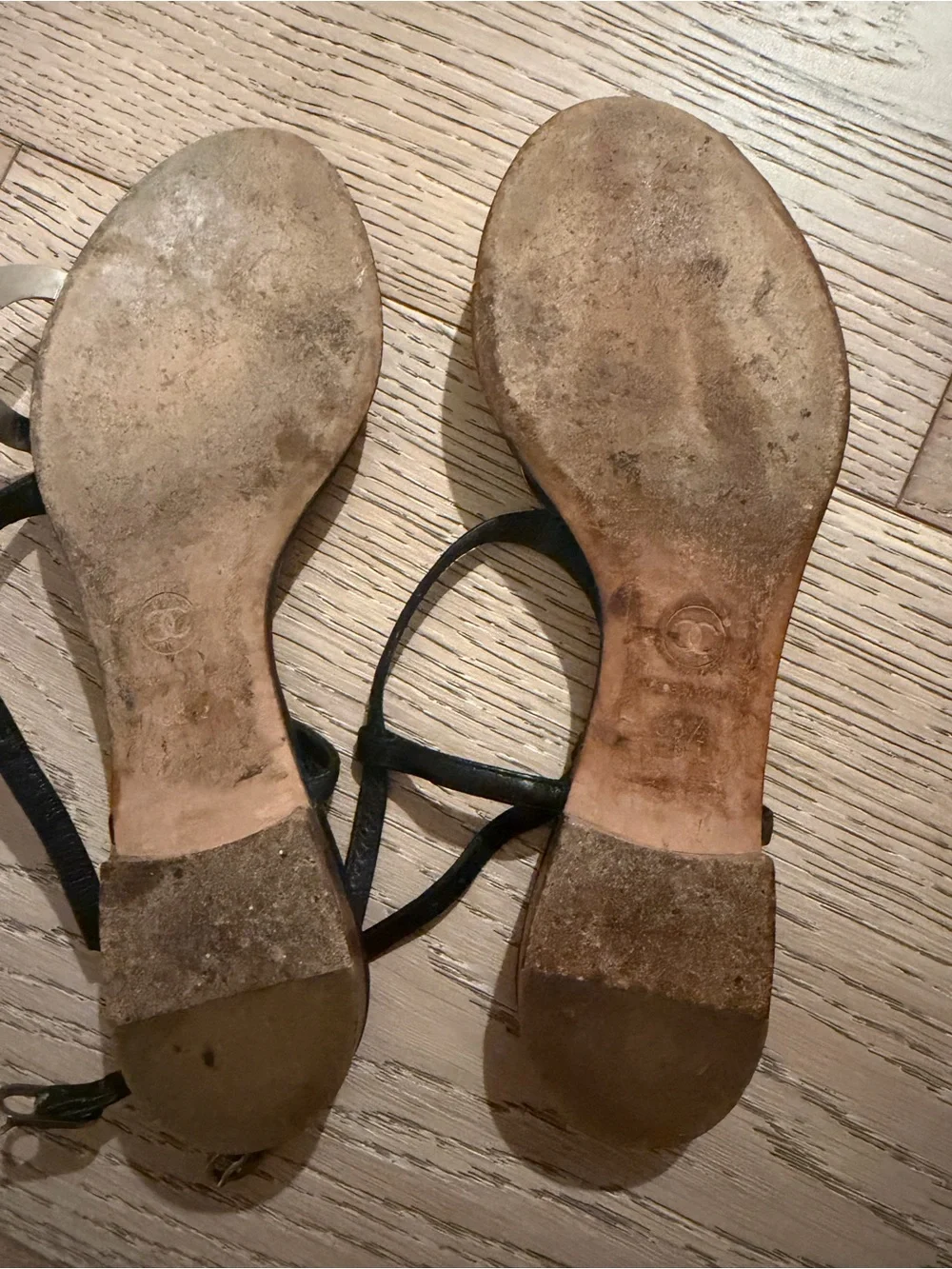 CHANEL Black Leather Sandals with Silver CC Logos